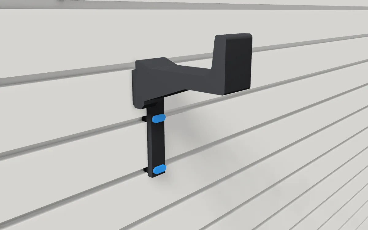 Extra-long hook for tarps & cords · Folded tarp on a slatwall, 3D render