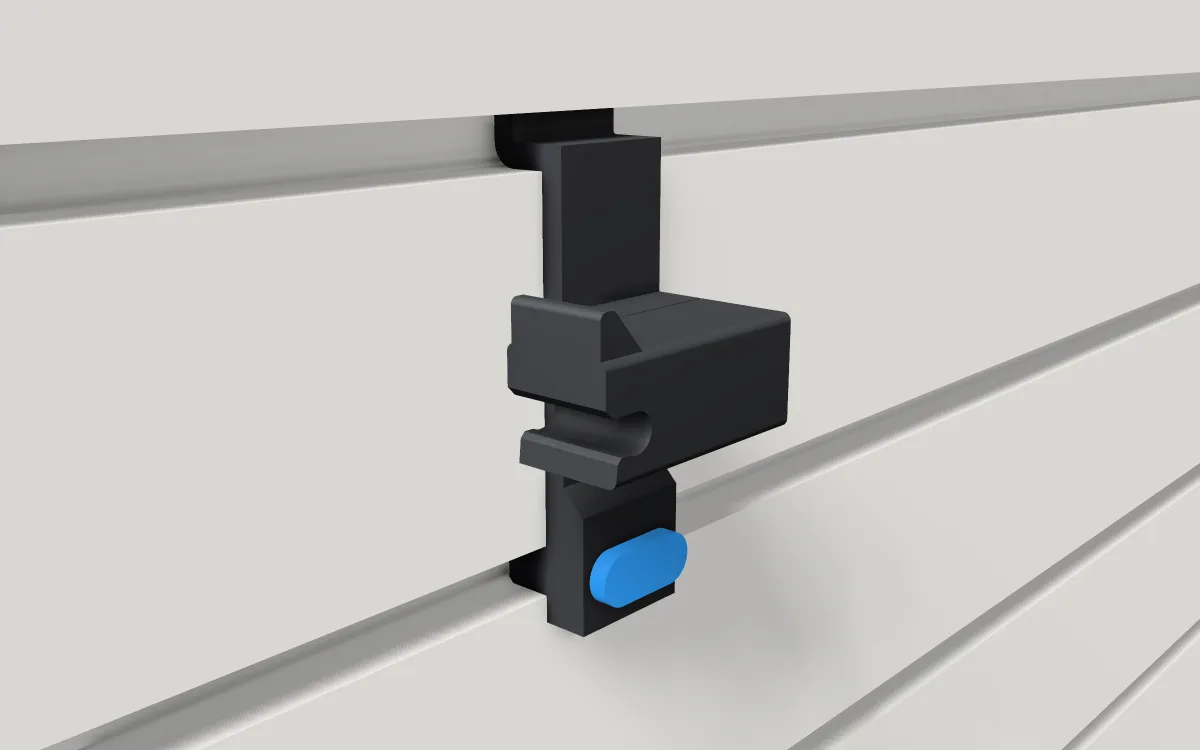 Snap-on lock for wire hooks · 1/4 in wire on a slatwall, 3D render
