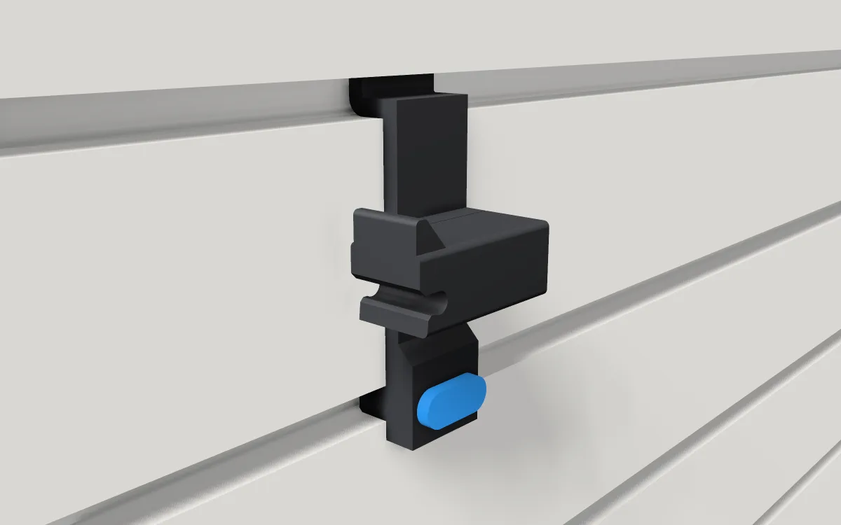 Snap-on lock for wire hooks · 3/16 in wire on a slatwall, 3D render